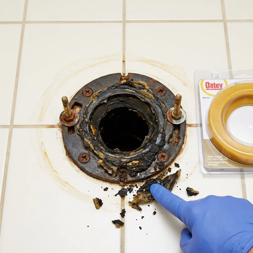 Failed wax ring showing water seepage at the base of a toilet in a Pulaski, VA home