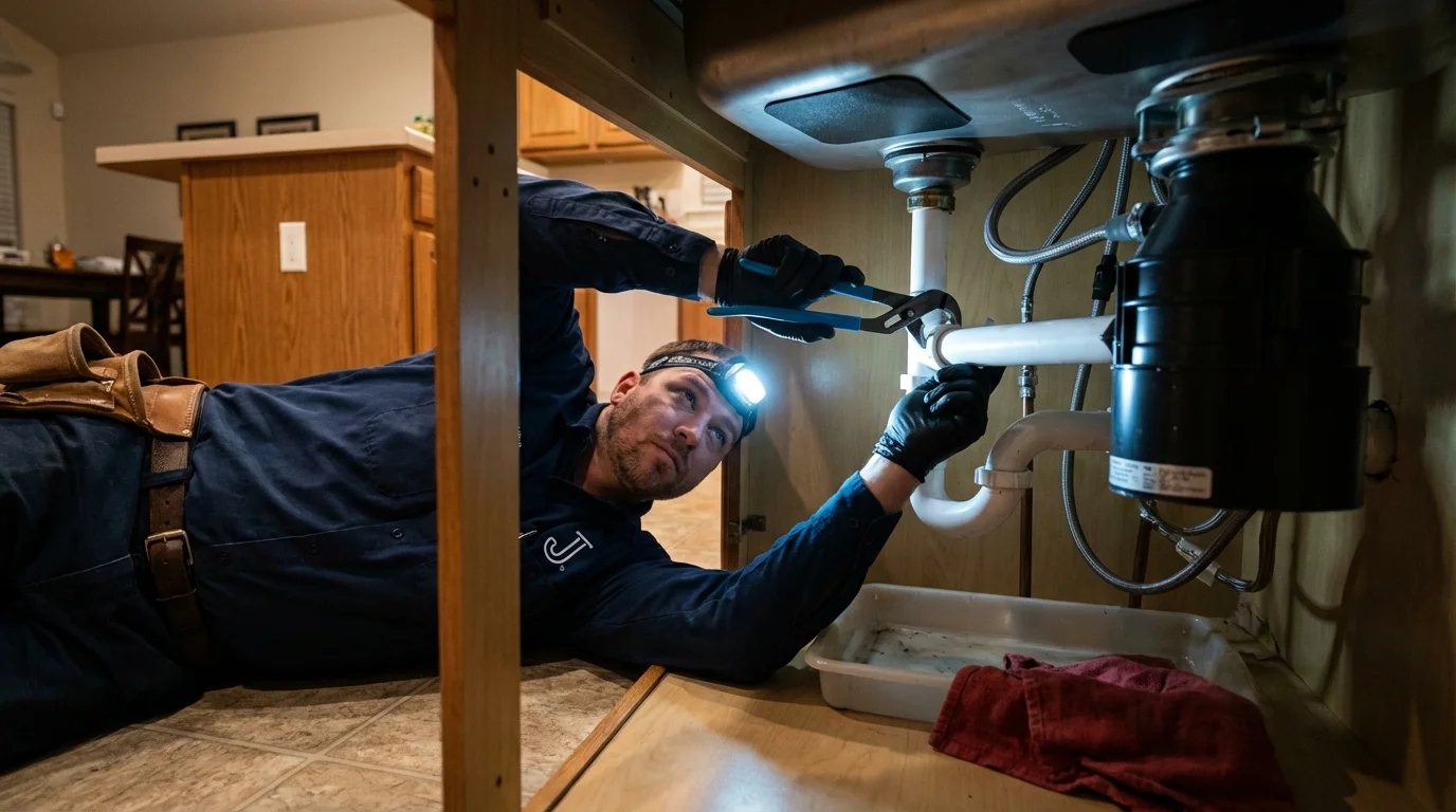P-trap and supply line connections under a kitchen sink showing a common leak point in Pulaski, VA